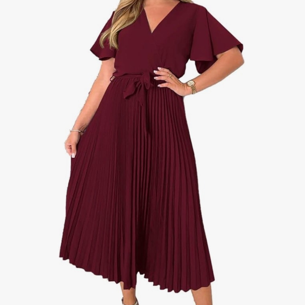 Elegant Burgundy V-Neck Pleated Dress